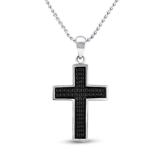 Sterling Silver Mens Round Black Color Enhanced Diamond Cross Charm Pendant 1/6 Cttw