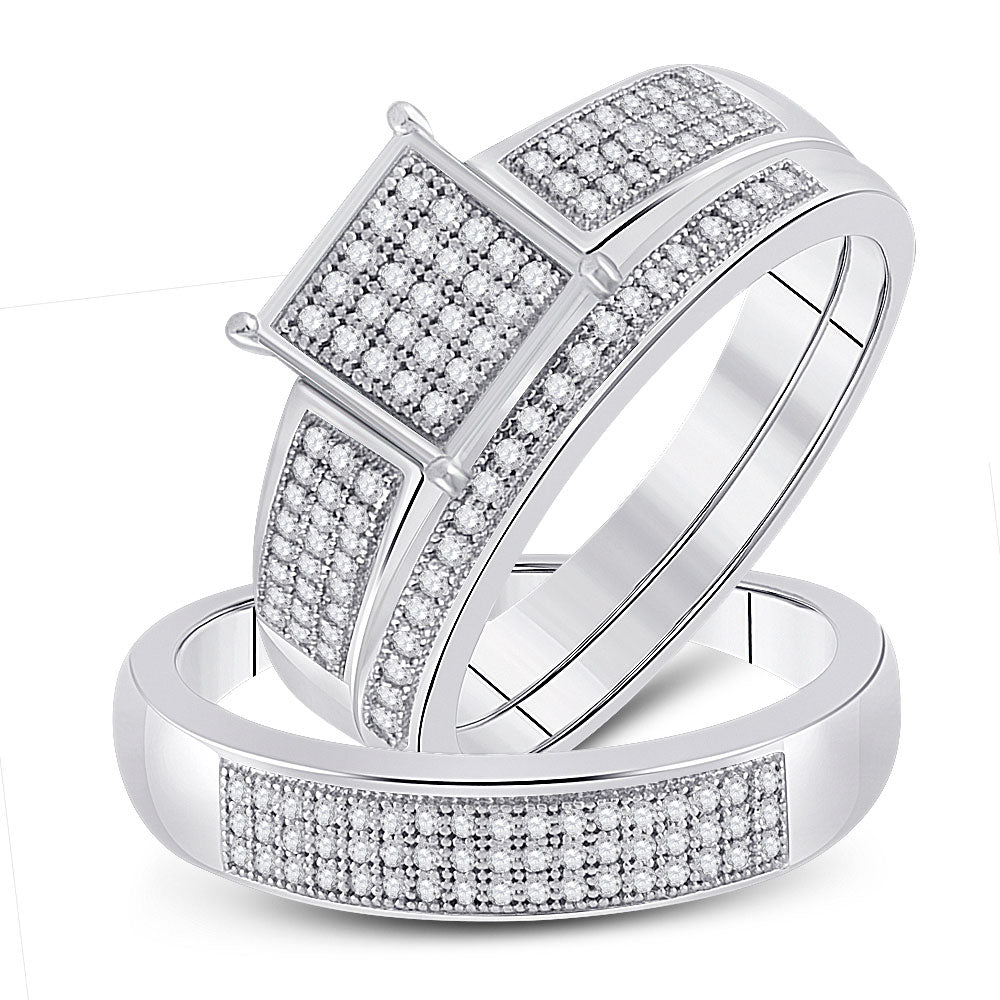 Sterling Silver His Hers Round Diamond Square Matching Wedding Set 3/8 Cttw