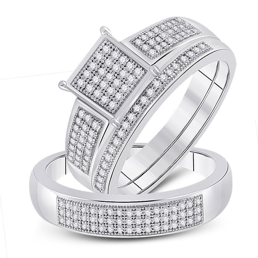 Sterling Silver His Hers Round Diamond Square Matching Wedding Set 3/8 Cttw