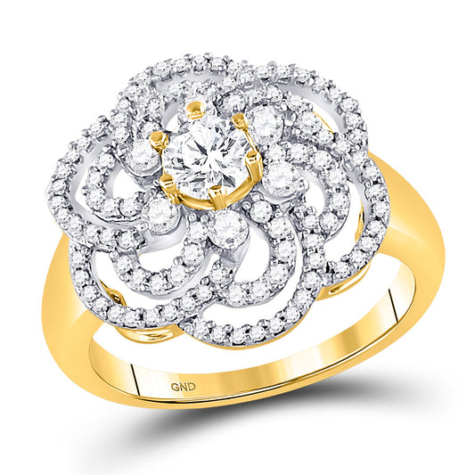 10kt Yellow Gold Womens Round Diamond Flower Solitaire Fashion Ring 1 Cttw