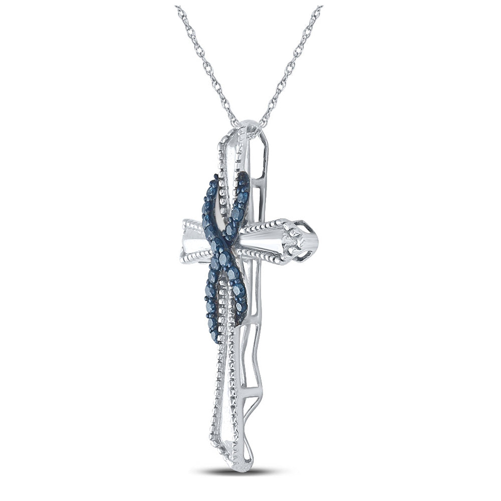 Sterling Silver Womens Round Blue Color Enhanced Diamond Cross Pendant 1/4 Cttw