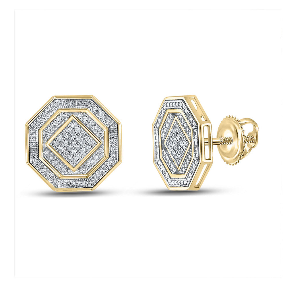 Sterling Silver Mens Round Diamond Octagon Cluster Stud Earrings 1/6 Cttw