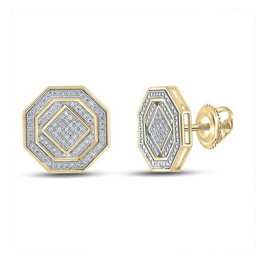 Sterling Silver Mens Round Diamond Octagon Cluster Stud Earrings 1/6 Cttw
