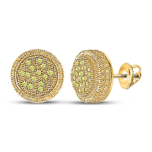 Sterling Silver Mens Round Yellow Color Enhanced Diamond Cluster Earrings 1/10 Cttw