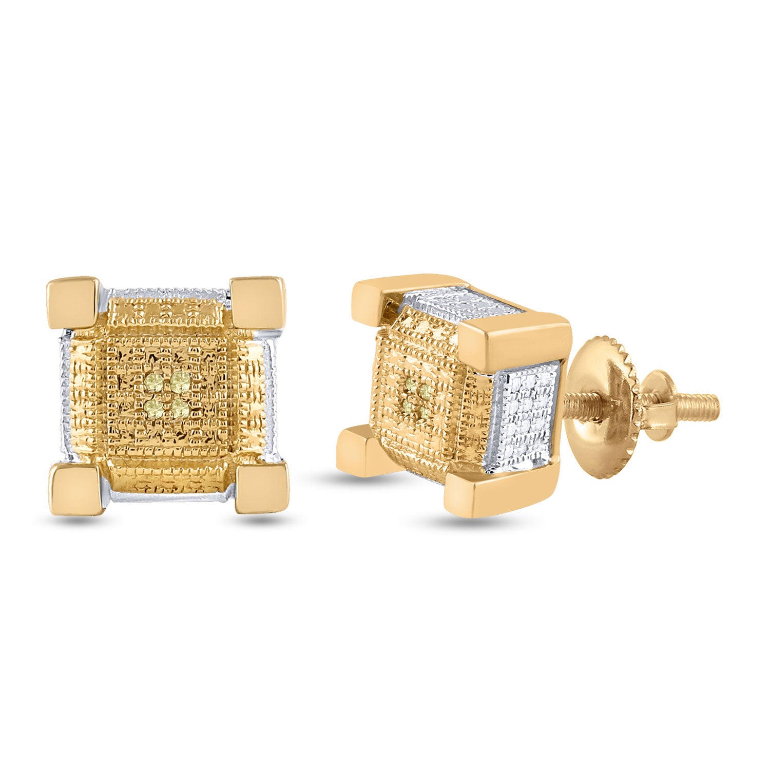 Two-tone Sterling Silver Mens Round Diamond 3D Square Earrings .03 Cttw