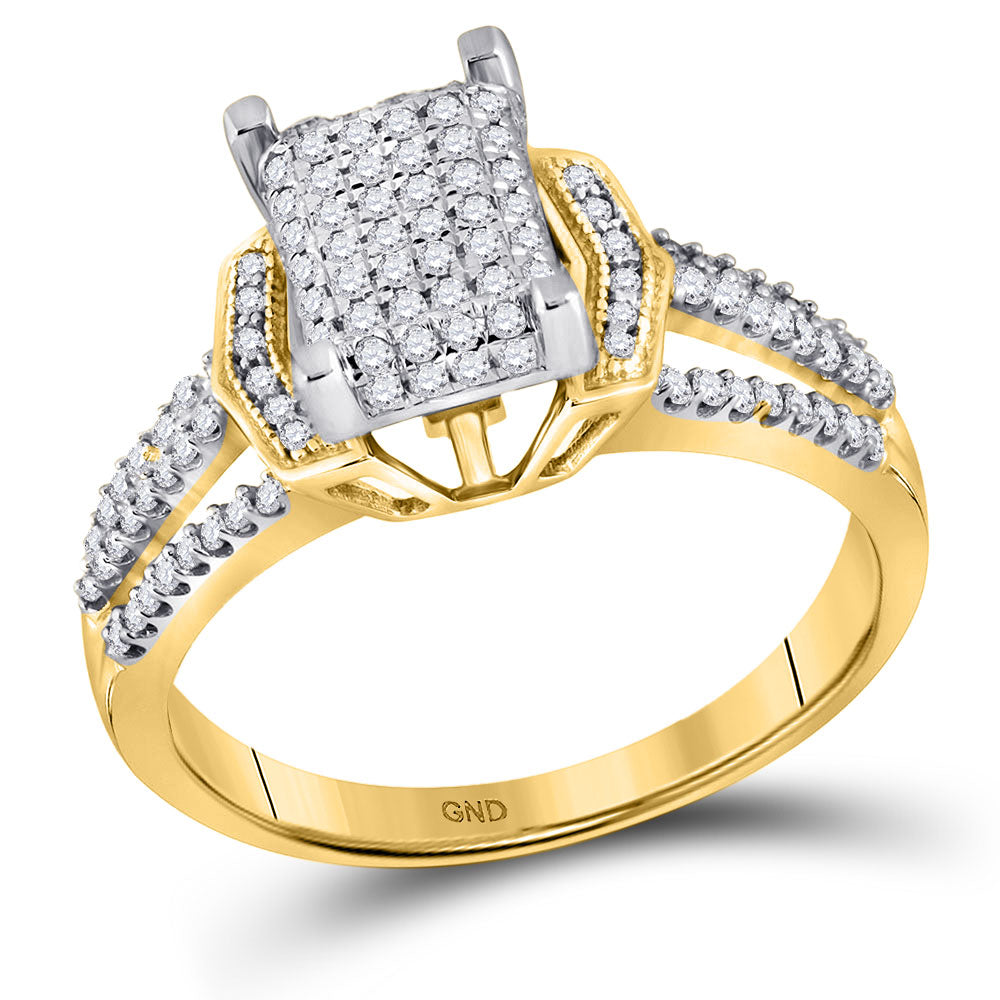 10kt Yellow Gold Womens Round Diamond Rectangle Cluster Ring 1/3 Cttw