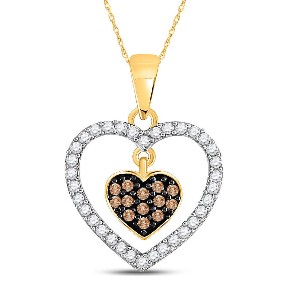 10kt Yellow Gold Womens Round Brown Diamond Nested Dangle Heart Pendant 1/3 Cttw