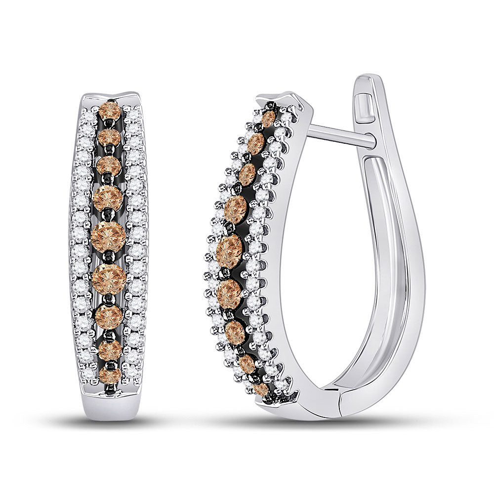 10kt White Gold Womens Round Brown Diamond Hoop Earrings 3/4 Cttw