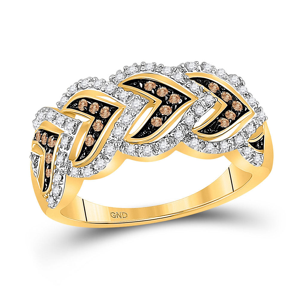 10kt Yellow Gold Womens Round Brown Diamond Cascading Heart Band Ring 1/4 Cttw