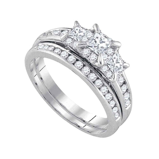 14kt White Gold Princess Diamond 3-Stone Bridal Wedding Ring Band Set 1 Cttw
