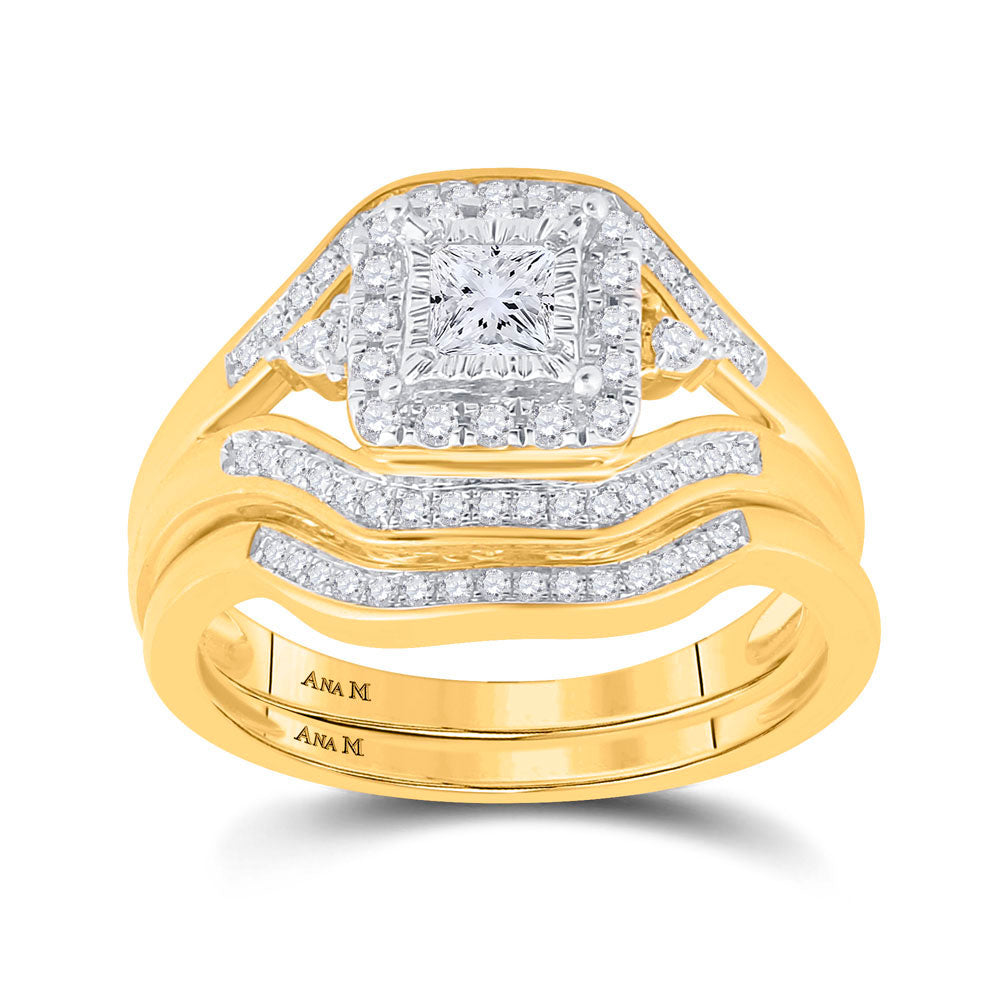 14kt Yellow Gold Princess Diamond Bridal Wedding Ring Band Set 1/2 Cttw
