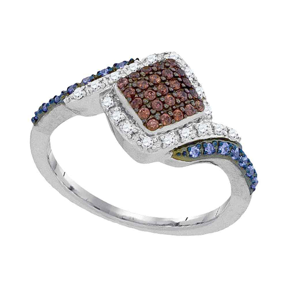 10kt White Gold Womens Round Brown Diamond Blue Fashion Ring 1/3 Cttw