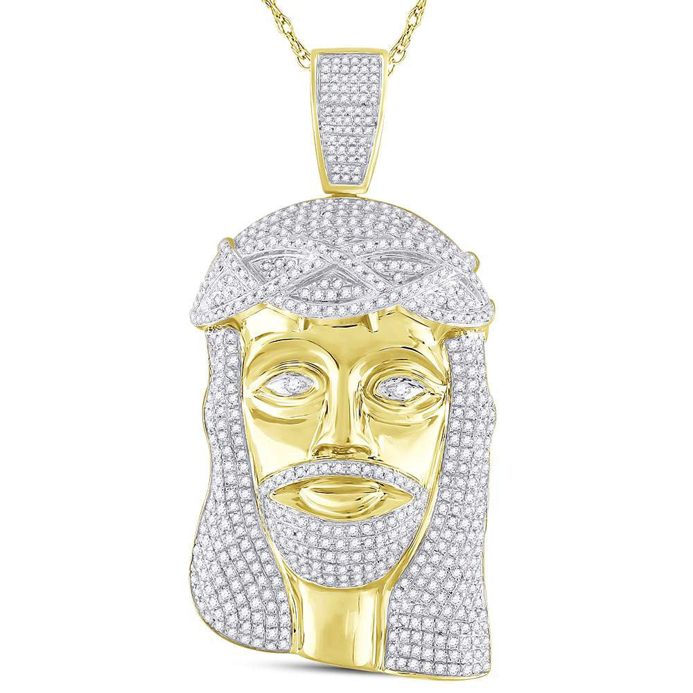10kt Yellow Gold Mens Round Diamond Jesus Face Charm Pendant 3 Cttw