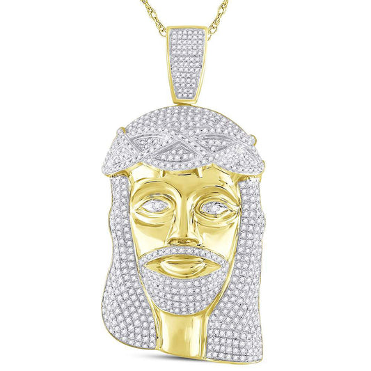 10kt Yellow Gold Mens Round Diamond Jesus Face Charm Pendant 3 Cttw