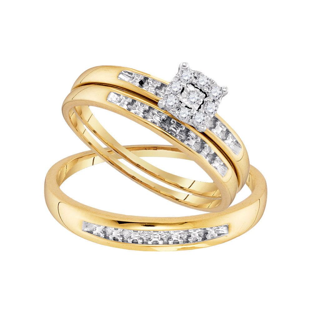 10kt Yellow Gold His Hers Round Diamond Cluster Matching Wedding Set 1/10 Cttw