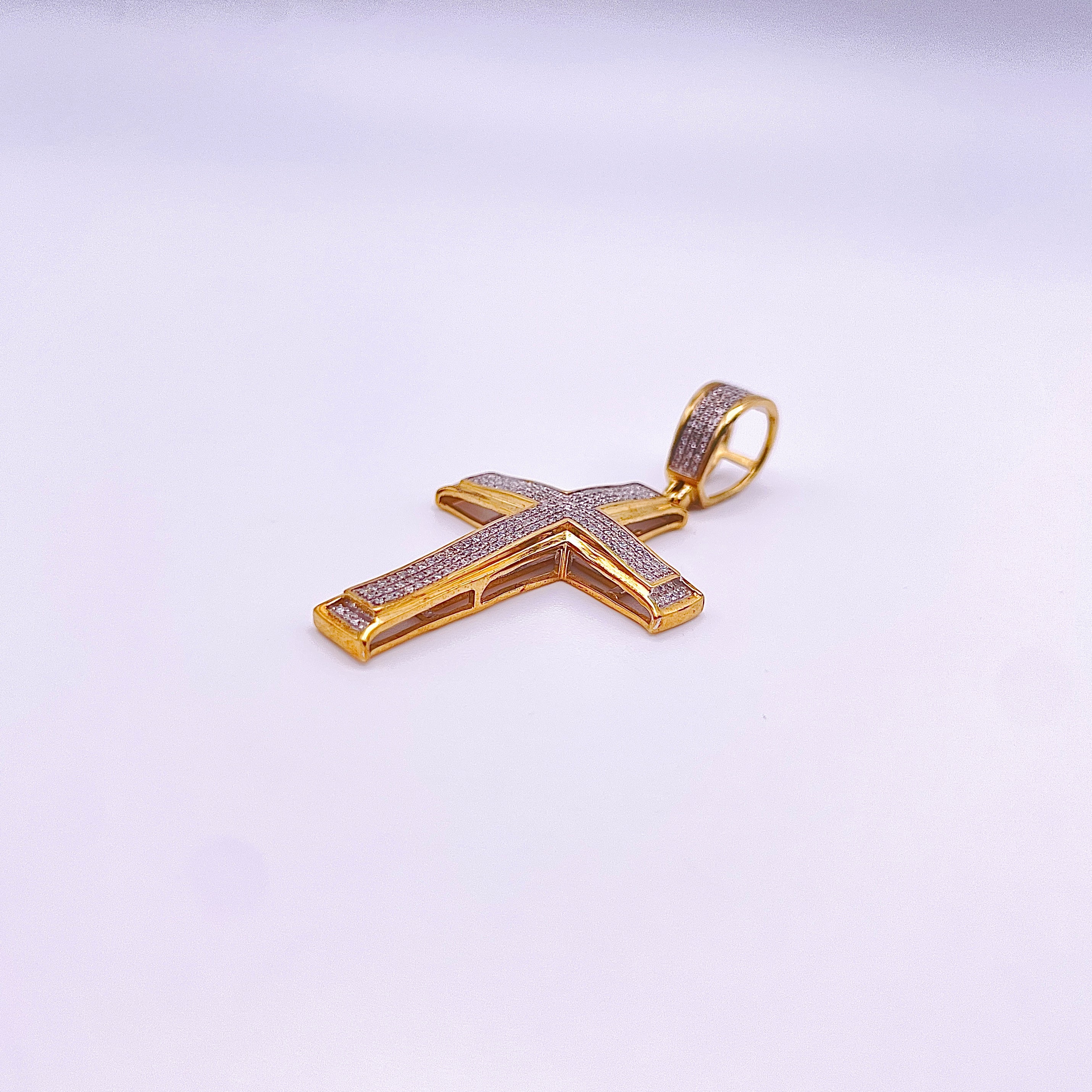Micro Pavé - Designer Diamond Cross Pendant - 10K Yellow Gold