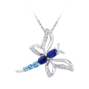 10kt White Gold Womens Oval Lab-Created Blue Sapphire Butterfly Bug Pendant 7/8 Cttw
