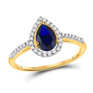 10kt Yellow Gold Womens Pear Lab-Created Blue Sapphire Teardrop Ring 1 Cttw