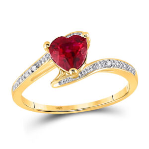 10kt Yellow Gold Womens Heart Lab-Created Ruby Solitaire Diamond-accent Bypass Ring 1 Cttw
