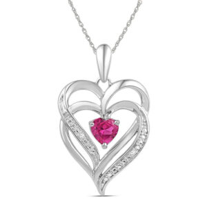 Sterling Silver Womens Round Lab-Created Pink Sapphire Double Heart Pendant 3/4 Cttw