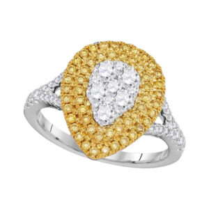 18kt White Gold Womens Round Yellow Diamond Teardrop Cluster Ring 1 Cttw