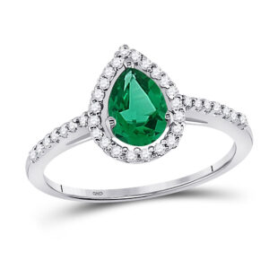10kt White Gold Womens Pear Lab-Created Emerald Solitaire Ring 1 Cttw