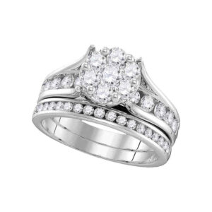 14kt White Gold Round Diamond Cluster Bridal Wedding Ring Band Set 1-1/2 Cttw