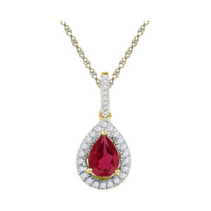 10kt Yellow Gold Womens Pear Lab-Created Ruby Solitaire Diamond Frame Pendant 1-7/8 Cttw