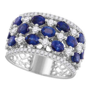 18kt White Gold Womens Oval Blue Sapphire Checkered Band Ring 3-7/8 Cttw