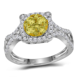 14kt White Gold Womens Round Yellow Diamond Cluster Ring 7/8 Cttw