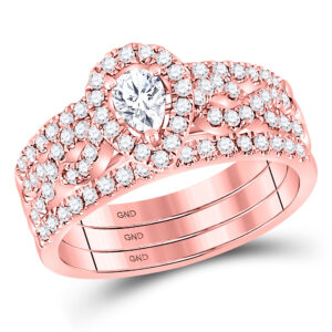 14kt Rose Gold Pear Diamond 3-Piece Bridal Wedding Ring Band Set 7/8 Cttw