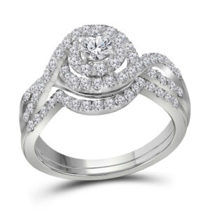 14kt White Gold Round Diamond Swirl Halo Bridal Wedding Ring Band Set 1 Cttw