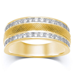 14kt Yellow Gold Mens Round Diamond Double Row Textured Wedding Band Ring 1 Cttw