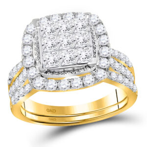 14kt Yellow Gold Princess Diamond Halo Bridal Wedding Ring Band Set 1-3/4 Cttw