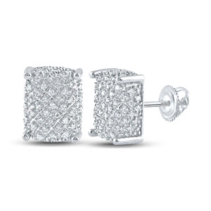 10kt White Gold Mens Round Diamond Rectangle Cluster Earrings 1/3 Cttw
