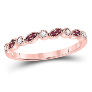 10kt Rose Gold Womens Round Ruby Diamond Marquise Dot Stackable Band Ring 1/8 Cttw