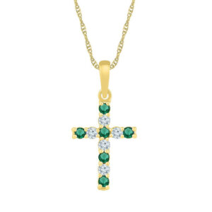 10kt Yellow Gold Womens Round Lab-Created Emerald Cross Pendant 1/3 Cttw