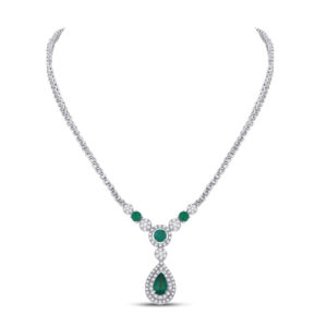 14kt White Gold Womens Pear Emerald Diamond Teardrop Cocktail Necklace 3 Cttw