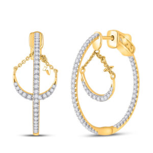14kt Yellow Gold Womens Round Diamond Dangle Hoop Earrings 1 Cttw