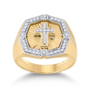 14kt Yellow Gold Mens Round Diamond Cross Ring 1/4 Cttw