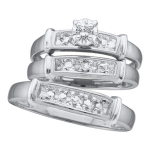 Sterling Silver His Hers Round Diamond Solitaire Matching Wedding Set 1/20 Cttw