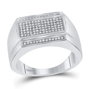 Sterling Silver Mens Round Diamond Rectangle Cluster Fashion Ring 1/3 Cttw