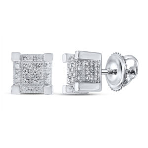 Sterling Silver Mens Round Diamond 3D Cube Square Earrings 1/10 Cttw