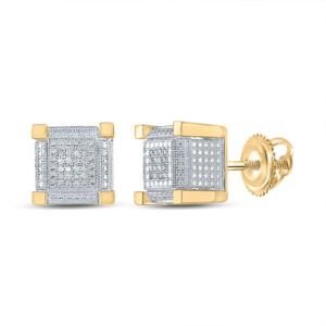 Yellow-tone Sterling Silver Mens Round Diamond Square Earrings 1/10 Cttw