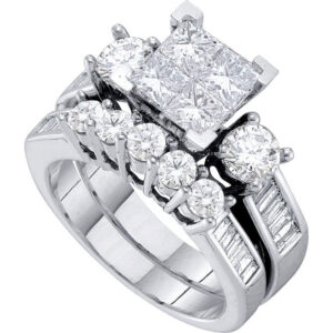14kt White Gold Princess Diamond Cluster Bridal Wedding Ring Band Set 2 Cttw