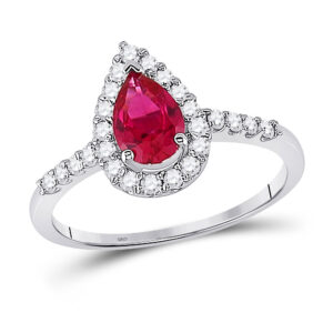 10kt White Gold Womens Pear Lab-Created Ruby Solitaire Diamond Frame Ring 1-1/5 Cttw