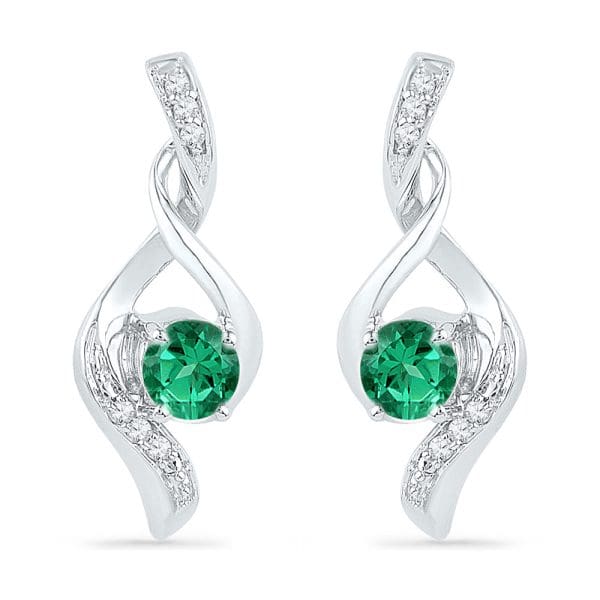 10kt White Gold  Round Lab-Created Emerald Fashion Earrings 1/3 Cttw