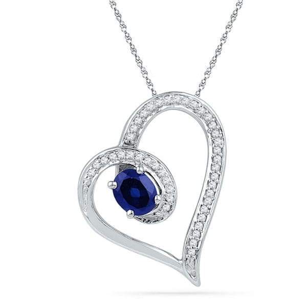 10kt White Gold  Oval Lab-Created Blue Sapphire Heart Outline Pendant 3/4 Cttw