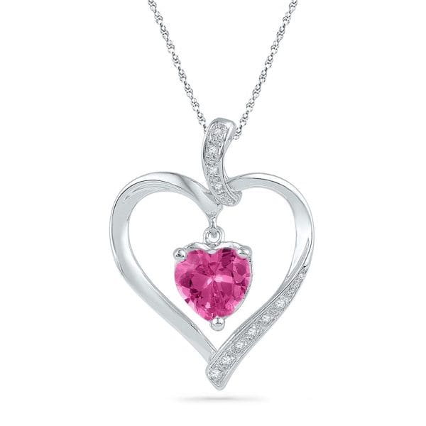 10kt White Gold  Round Lab-Created Pink Sapphire Heart Pendant 1-3/4 Cttw