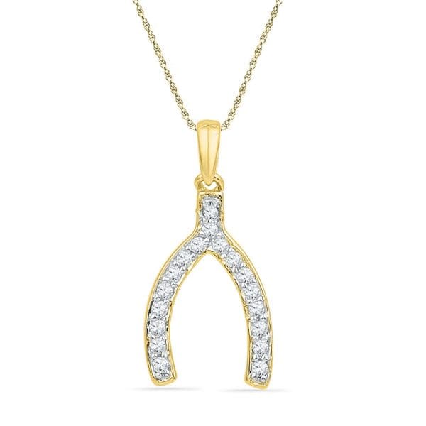 10k Yellow Gold  Round Diamond Lucky Wishbone Fortune Pendant 1/6 Cttw